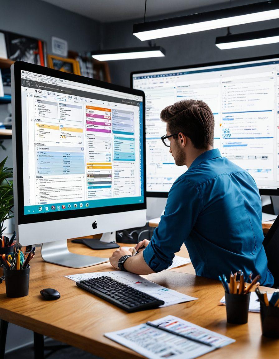 A meticulous web designer carefully inspecting and fine-tuning a vibrant, multi-layered website on a high-resolution monitor, surrounded by tools such as a magnifying glass, ruler, and checklists, with faint lines of code in the background. super-realistic. vibrant colors. modern tech workspace.