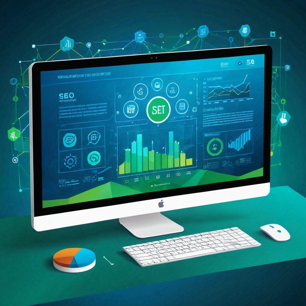 A sleek, high-tech computer screen displaying a beautifully designed website, surrounded by stylized icons representing SEO, user experience, and web analytics tools. The background is a vibrant, gradient blend of blue and green, symbolizing growth and innovation. An abstract human figure stands beside the screen, pointing at the elements on the website, conveying the idea of meticulous perfection. vector art. vibrant colors.