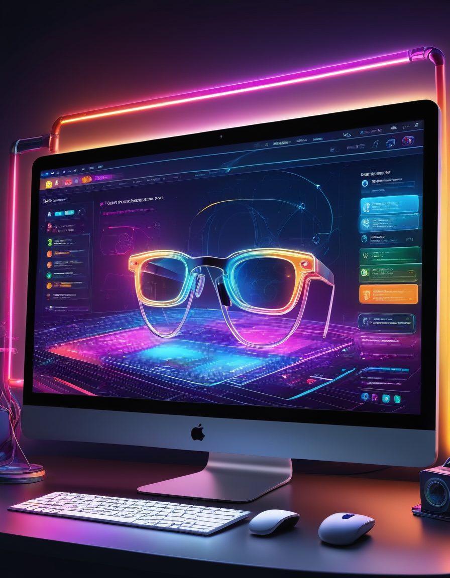 A sleek, futuristic computer monitor glowing with a vibrant, multicolored aura, showcasing a perfectly designed website. Icons of tools like magnifying glasses and wrenches float around, symbolizing optimization and enhancement. In the background, a subtle, interconnected web design represents the digital network. super-realistic. vibrant colors. 3D.